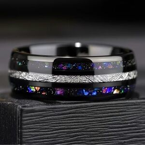 Black Gunmetal Plated Stainless Steel Ring Galaxy Sky Stars Inlay Silver Accent